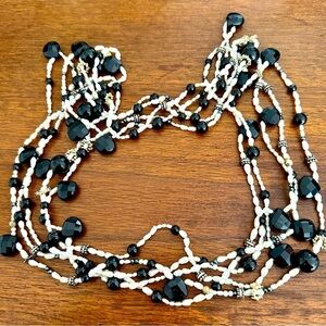 Freshwater pearl black glass bead five strand necklace